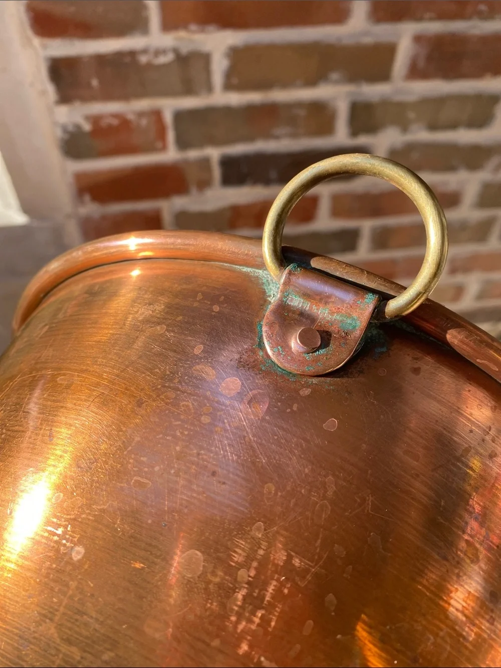 Vintage Copper 10” Mixing Bowl Rolled Edge Brass Hanging Ring